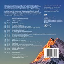 Texte über ein Konzertalbum des London Philharmonic Orchestra mit Richard Strauss' Werken, wie "An Alpine Symphony". Im Hintergrund ein Berggipfel bei Sonnenuntergang.