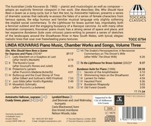 Titel: LINDA KOUVARAS Piano Music, Chamber Works and Songs, Volume Three.

Komponist: Linda Kouvaras.

Einleitungen, Besetzungen, Stücktitel und deren Längen sind aufgelistet.

Enthält eine Illustration eines Logos mit der Aufschrift "TOCCATA CLASSICS".