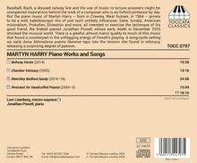 Texte: "MARTYN HARRY Piano Works and Songs", "Beltway Series", "Chamber Intimacy", "Bletchley Bedford Sandy", "Restraint for Handcuffed Pianist", "Lore Lixenberg, mezzo-soprano", "Jonathan Powell, piano".

Design: Beige Hintergrund, Toccata Classics Logo mit Klaviertasten oben rechts.