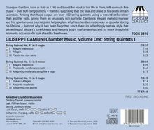 Text über Giuseppe Cambini und seine Werke. "GIUSEPPE CAMBINI Chamber Music" oben. Über String Quintets. Toccata Classics Logo.