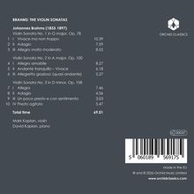 Eine Trackliste mit Violin-Sonaten von Brahms, gespielt von Mark und David Kaplan, insgesamt 69:01 Minuten. Orchid Classics Logo oben rechts.