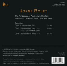 "Jorge Bolet: The Ambassador Auditorium Recitals, Pasadena 1981 und 1986. CD1-3 mit Aufnahmedaten und Zeiten."