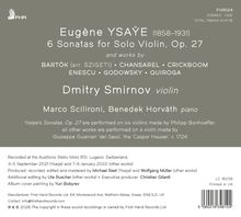 "FHR124. Eugène Ysaÿe 6 Sonatas for Solo Violin, Op. 27. Dmitry Smirnov violin. Marco Scilironi, Benedek Horváth piano."