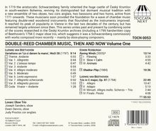 Texte: "DOUBLE-REED CHAMBER MUSIC, THEN AND NOW Volume One", "LUDWIG VAN BEETHOVEN", "EDWIN ROXBURGH", "Lonarc Oboe Trio". 

Hinweis: Layout einer CD-Rückseite mit Titelliste und Details.