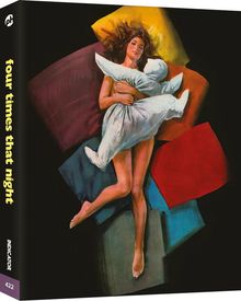 Text: "four times that night", "Indicator", "422". Eine Illustration zeigt eine Frau, die mit einem Kissen auf bunten Kissen liegt.