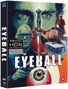 "EYEBALL" steht in großen weißen Buchstaben. Ein Messer, ein Auge, ein Mann mit Brille und eine liegende Frau sind sichtbar.