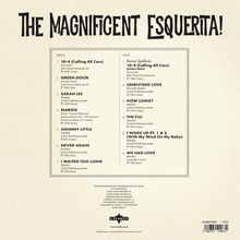 "The Magnificent Esquerita!" Trackliste mit zwei Seiten, Titeln und Künstlerangaben. Beige Hintergrundfarbe.