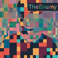 Text "The Enemy"; bunte, abstrakte Illustration eines Gesichts mit quadratischen Farbmustern.