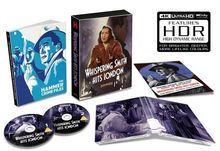 "Whispering Smith Hits London" im Vintage-Stil, DVD-Set mit Buch und 4K HDR Hinweis. Retro-Kriminalfilmästhetik.
