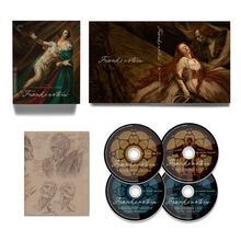 Oben links: "GUILLERMO DEL TORO, Frankenstein". Unten: Skizzen und vier DVDs mit "Frankenstein" Titeln. Dramatische, düstere Szenen.