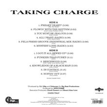 "TAKING CHARGE" – Trackliste: Side A enthält 6 Lieder, Side B ebenfalls 6. Unten Produzenten und Copyright-Hinweise. Zwei Logos.