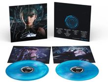 Text: "Stellar BLADE." Zwei blaue Vinyl-Schallplatten und futuristische Cover mit einer Frau in technologischer Umgebung.