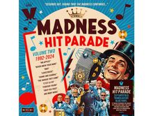 "Madness Hit Parade; Volume Two 1992-2024; Mr. Apples, NW5, Lovestruck; fröhliche, bunte Illustration mit Musikern."
