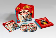 "Madness Hit Parade" 1979-2024 prominent auf CD-Hüllen und Verpackung, bunte Illustration von fröhlichen Menschen.
