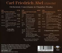 Texte über drei CDs mit Werken von Carl Friedrich Abel. Enthält Stücke für Flöte, Gamben und Orchester. Orchesternamen und Solisten sind ebenfalls aufgeführt.