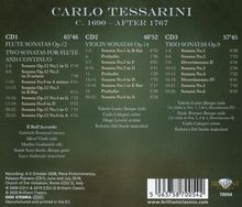 [Logo unten rechts] Carlo Tessarini, C. 1690 – After 1767. Drei CDs: Flöten-, Violin-, Trio-Sonaten mit Spielzeiten und Interpreten.