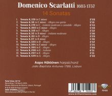 "Domenico Scarlatti 1685-1757. 14 Sonatas. Aapo Häkkinen, Cembalist." Brauner Hintergrund, sonatenliste mit Zeiten.