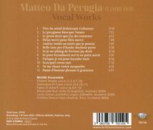 "Matteo Da Perugia Vocal Works" zeigt 12 Titel und Künstler wie MiniM Ensemble. Enthält Aufnahmeinfos und ein Logo.