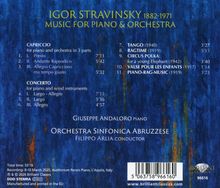 Titel: Igor Stravinsky Music for Piano & Orchestra. 
Inhalte: Capriccio, Concerto, Tango, Ragtime. 
Blauer Hintergrund.