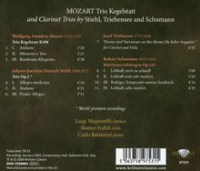 "Mozart Trio Kegelstatt und Clarinet Trios von Stiehl, Triebensee und Schumann. Werke und Namen der Stücke sind aufgelistet."