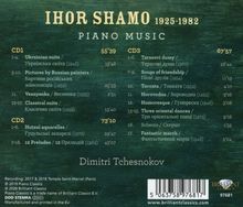 Text enthalten: "IHOR SHAMO 1925-1982, PIANO MUSIC." Tracklists zu CD1, CD2, CD3. Name: Dimitri Tchesnokov. Hintergrund: grünlich.