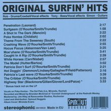 "ORIGINAL SURFIN' HITS" gefolgt von einer Trackliste mit Titeln und Zeiten. Unten "stereophonic" und "Made in EU".