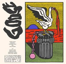 Texte: "NEVER AGAIN," "HANGNAIL," "PERSONAL BEST," "RIB," "FALLEN ARCH," "ITK," "COUNTY LINES," "OMNIPOTENCE," "COMPONENT PARTS," "PARTS AND LABOUR." 

Illustration: Ein Vogel steht auf einer Säule, ein Band im Schnabel haltend. Buntes, abstraktes Design.