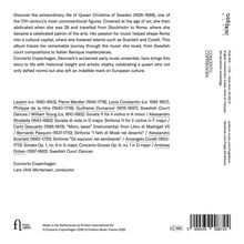 Texte beschreiben das außergewöhnliche Leben von Königin Christina von Schweden und ihre Rolle in der Musikgeschichte. Erwähnt werden Musiker wie Lazarin, Pierre Verdier und William Young. Unten steht "Concerto Copenhagen" und "Lars Ulrik Mortensen, conductor". Rechts befinden sich schmale vertikale Texte mit Verlagsinformationen.
