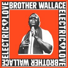 "Brother Wallace Electric Love" in stilisierter Schrift mit einem Mann, der singt, im Vordergrund.