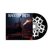 "BLACK VEIL BRIDES" und "VINDICATE" auf Coverkunst mit dunkler, dramatischer Figur, die Feuer hält; CD mit schattenartigem Muster.