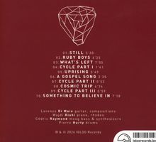 Titelliste mit zehn Tracks, darunter „STILL“ und „RUBY BOYS“. Künstler und Instrumente sind angegeben. Darüber ein geometrisches Logo.