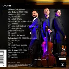 Texte: cypres, alchemy, trio spilliaert, alex de taeye, lucie vellère, total time 67'58. Drei Männer in Anzügen mit Instrumenten.