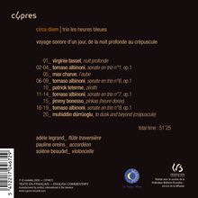 "Circa diem | trio les heures bleues" gefolgt von einer Trackliste. Unten Instrumente: Flöte, Akkordeon, Violoncello. Logo unten rechts.