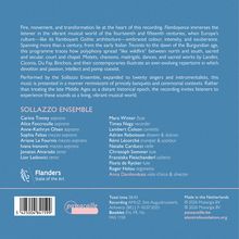 Text-Darstellung: Eine CD-Beschreibung über das "Sollazzo Ensemble" und die Werke mittelalterlicher Musik. Oben ein ausführlicher Text zur Musik, darunter eine Liste von Ensemble-Mitgliedern mit ihren Instrumenten oder Gesangsstimmen. Unten Hinweise zur Produzenteninformation, wie Aufnahmeort und Dauer. Eine Grafik zeigt das "Flanders" Logo.