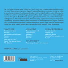 Text zur Musik von William Byrd, Anonymus, Frescobaldi, Veggio. Freddie James: Orgel & Cembalo. Dauer: 65:10. Hergestellt in NL.
