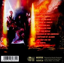 Songtitel: "Days of Confusion", "Thrash 'til Death" usw. Drei Musiker mit Instrumenten, rot/gelbes Farbschema.