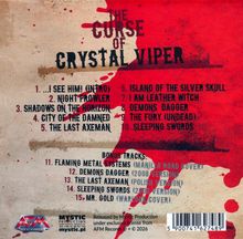 Albumtitel „The Curse of Crystal Viper“ oben, rote Farbspritzer mit Trackliste darunter und Bonus-Tracks.
