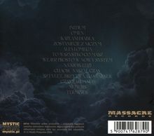 Liste von Songtiteln in goldener Schrift auf einem dunklen, wolkigen Hintergrund. Unten Logos: "Mystic" und "Massacre Records".