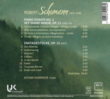 Ein Albumcover mit Werken von Robert Schumann, gespielt von Ayham Hammour. Enthält eine Trackliste mit Zeitangaben.