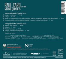 Paul Caro String Quintets. Zwei Quintette mit Details zu Tempo und Dauer der Sätze. Musiker und Erscheinungsdetails.