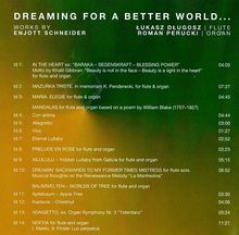 Text oben: "Dreaming for a Better World... Works by Enjott Schneider." Links stehen Titel und Zeiten von Musikstücken. Rechts Künstler: Łukasz Długosz (Flute), Roman Perucki (Organ). Hintergrund ist grünlich mit Farbverläufen.