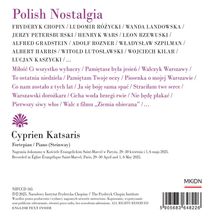 "Polish Nostalgia" und ein Künstlername "Cyprien Katsaris" sind in großen Buchstaben zu sehen. Es gibt zahlreiche polnische Liedtitel.