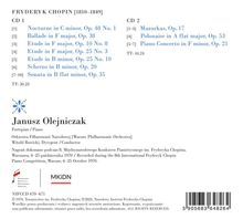 "Fryderyk Chopin", CD-Auflistung mit Musikstücken wie "Nocturne in C minor", "Mazurkas", "Sonata".  
Janusz Olejniczak spielt Klavier.  
Warsaw Philharmonic Orchestra mit Dirigent Witold Rowicki.  
Enthält Logos und einen Barcode.