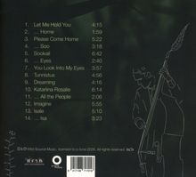 Songliste mit Titeln und Zeiten auf dunklem Hintergrund. Rechts skizzierte Darstellung eines Kontrabass-Spielers.