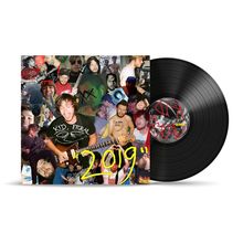 Texte: "2019", "KID, FERAL". Collage aus Konzertfotos mit einer Schallplatte rechts daneben.