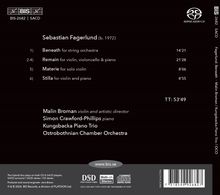 Poste Texte: "Sebastian Fagerlund (b. 1972)." Werke: "Beneath," "Remain," "Materie," "Stilla." Künstler: Malin Broman, Simon Crawford-Phillips.