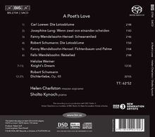 Titel: A Poet’s Love. Komponisten: Carl Loewe, Josephine Lang, Fanny Mendelssohn-Hensel, Robert Schumann, Félix Mendelssohn. Solisten: Helen Charlston (Mezzo-Sopran), Sholto Kynoch (Klavier). Gesamtzeit: 62:52. Enthält eine Liste der Tracks mit Dauerangaben.