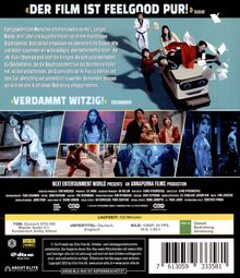 „Der Film ist Feelgood pur!“, „Verdammt witzig!“; fünf Menschen mit Superkraft, kämpfen gegen Sektenführer. Mehrere Filmfotos.