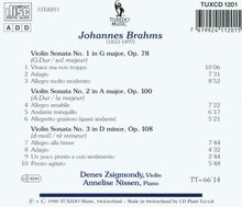 Johannes Brahms (1833-1897): Sonaten für Violine &amp; Klavier Nr.1-3, CD