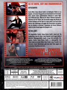 "Sie ist mutig, sexy und erbarmungslos. Inklusive - Exposed erstmals als Blu-ray." Oben Bilder einer Frau mit Pistole.